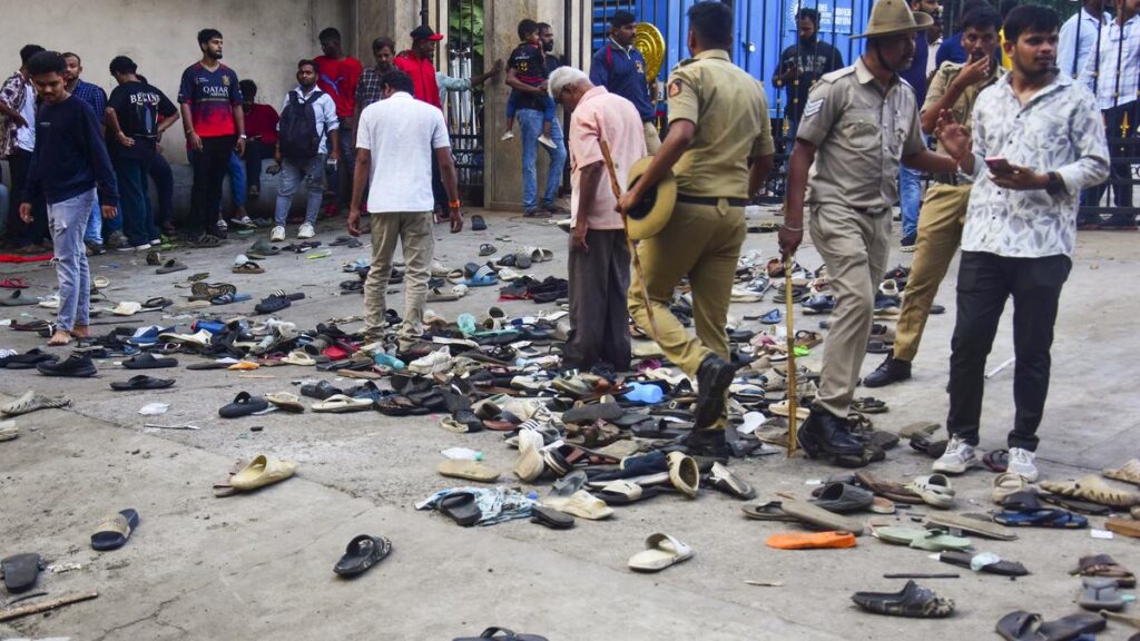 Scene at one of the gates of the M. Chinnaswamy Stadium after RCB fans tried to gain entry during the IPL-18 victory celebration in Bengaluru on June 4, 2025. | Photo Credit: K. Murali Kumar